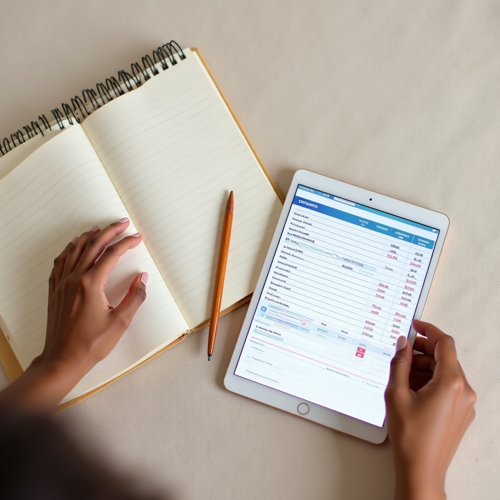 Von oben fotografiertes Tablet mit Tabellenansicht neben einem handschriftlichen Notizheft und einem Stift
