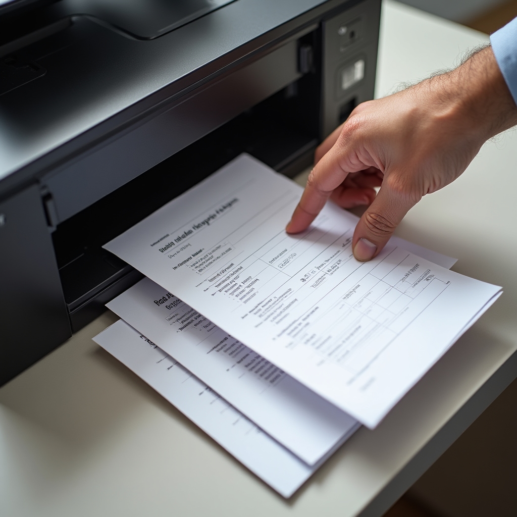 Von oben fotografierter Drucker gibt bedruckte Formularvorlagen für ein Haushaltsbuch aus