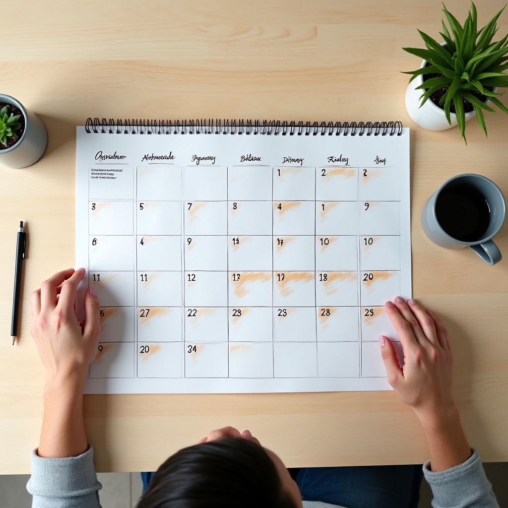 Von oben fotografierter Jahreskalender mit handschriftlichen Notizen zu saisonalen Ausgaben in verschiedenen Monaten
