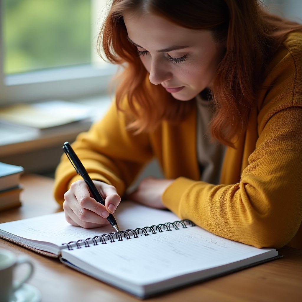 Von oben fotografierte Person schreibt konzentriert handschriftliche Notizen in ein aufgeschlagenes Heft